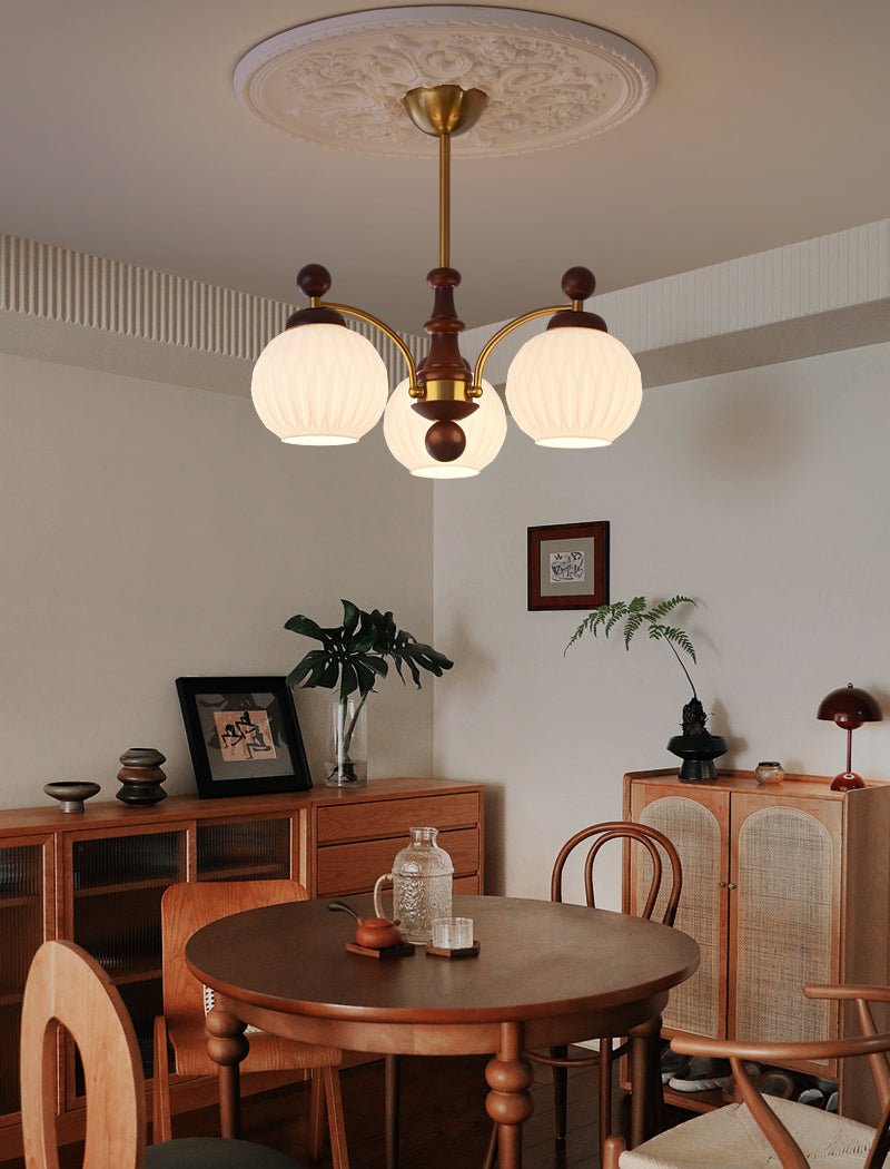Sylvan Orb Chandelier – Modern Walnut & Glass Pendant Light