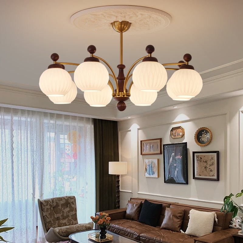 Sylvan Orb Chandelier – Modern Walnut & Glass Pendant Light
