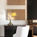 Empire Curved Arm Desk Lamp in Matte White Iron with Linen Shade