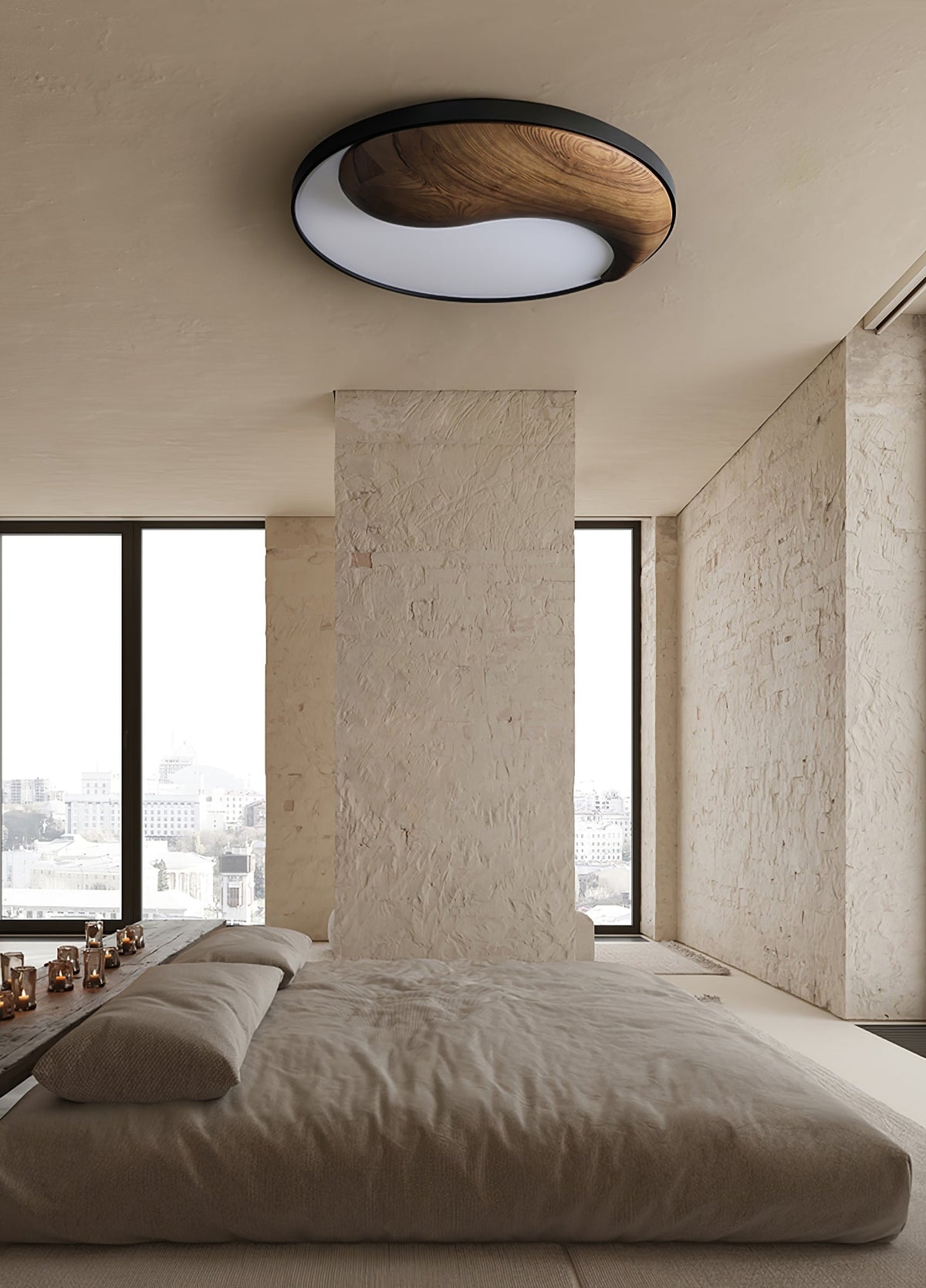 Taiyi Balance Natural Wood LED Flush Mount Ceiling Light, 25.6" Round