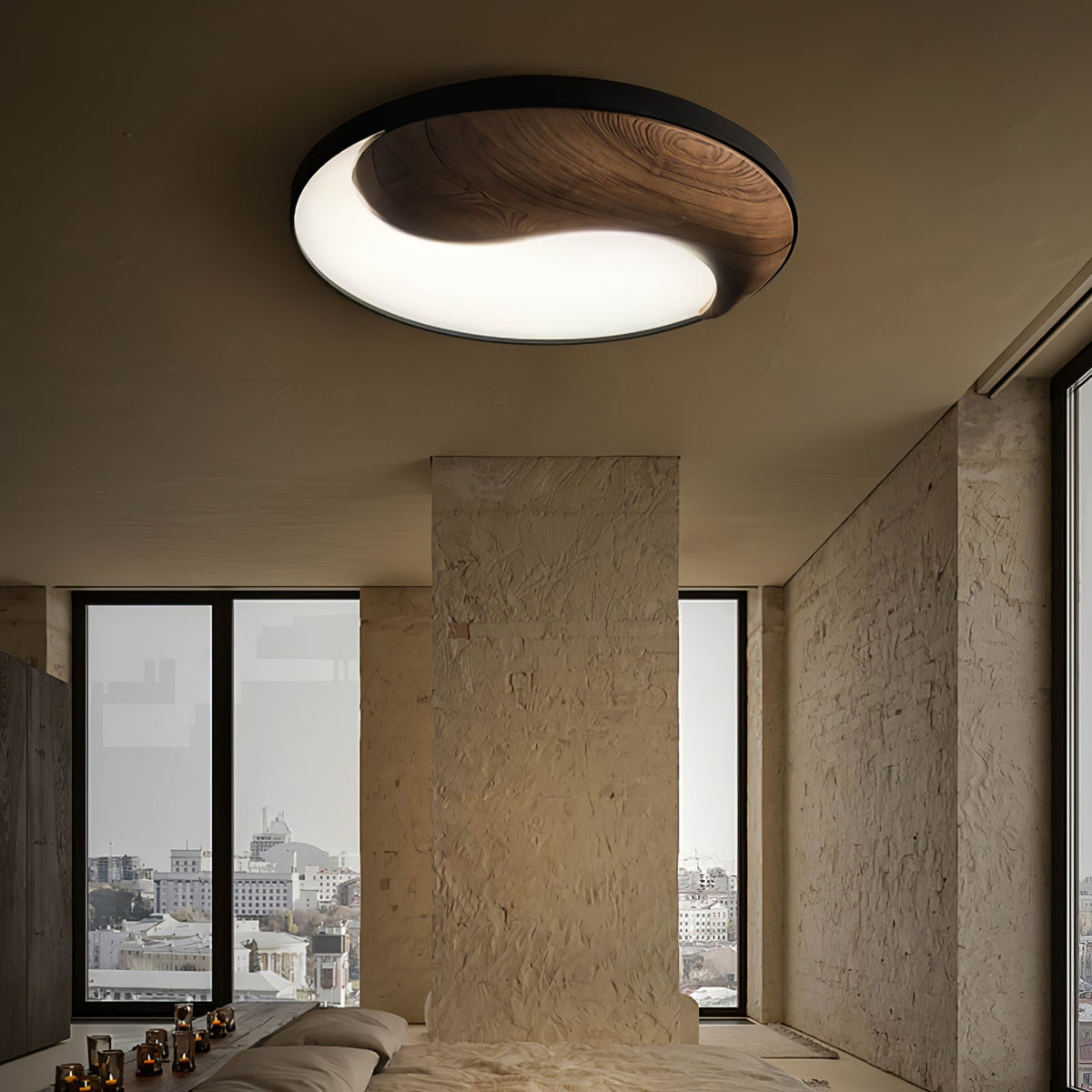 Taiyi Balance Natural Wood LED Flush Mount Ceiling Light, 25.6" Round
