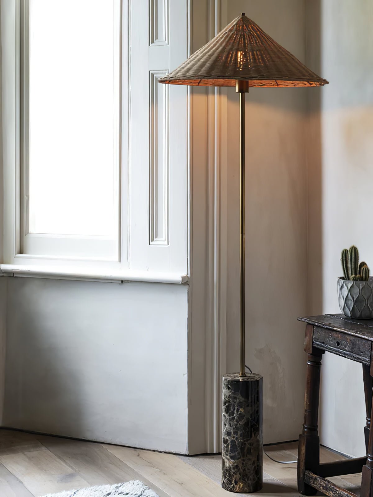 Tansu Rattan Floor Lamp with Marble Base – Modern Asian-Inspired Lighting for Living Room & Bedroom