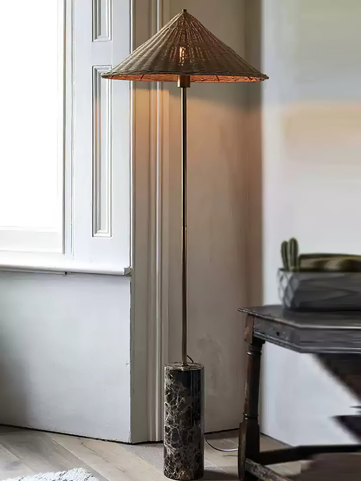 Tansu Rattan Floor Lamp with Marble Base – Modern Asian-Inspired Lighting for Living Room & Bedroom