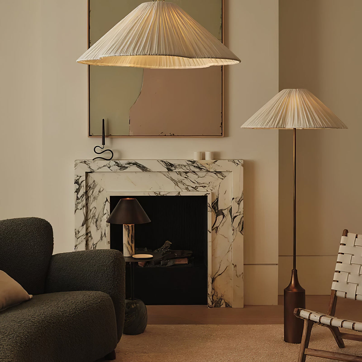 Tansu Rattan Floor Lamp with Marble Base – Modern Asian-Inspired Lighting for Living Room & Bedroom