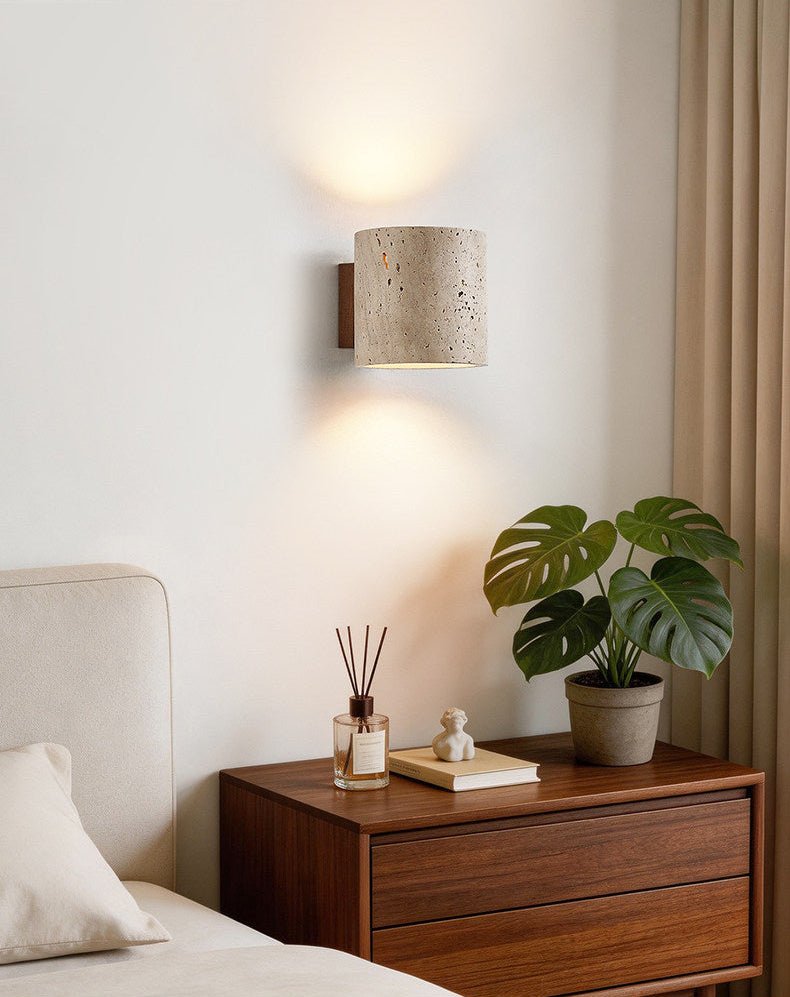 Tavian Travertine Wall Sconce in Natural Stone and Walnut