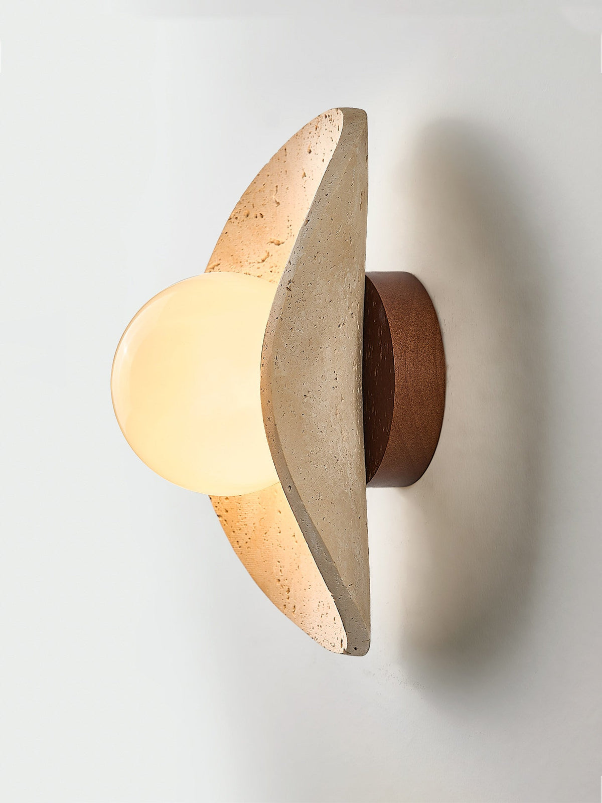 Tavian Halo Travertine Wall Sconce with Wooden Backplate