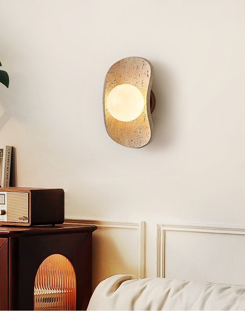Tavian Halo Travertine Wall Sconce with Wooden Backplate