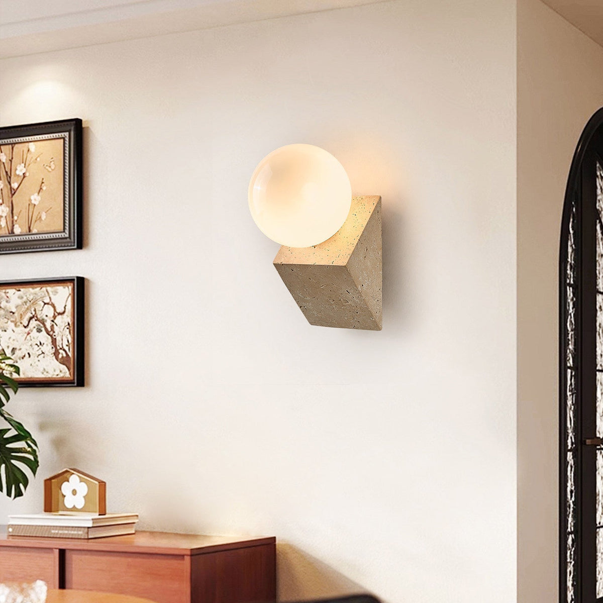 Tavian Orb Travertine Wall Sconce with Glass Globe