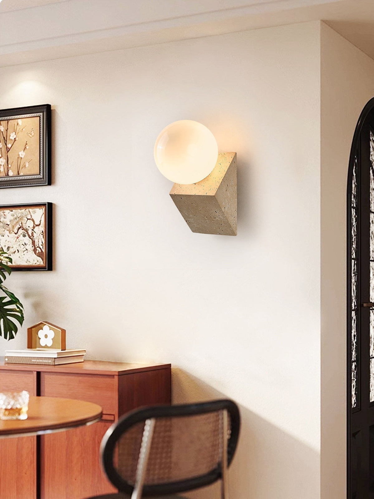 Tavian Orb Travertine Wall Sconce with Glass Globe