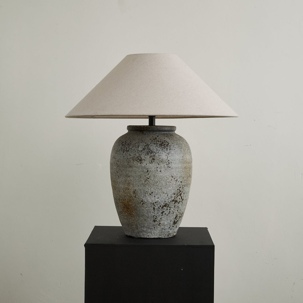Tavira Aged Stone Ceramic Table Lamp with Natural Linen Shade