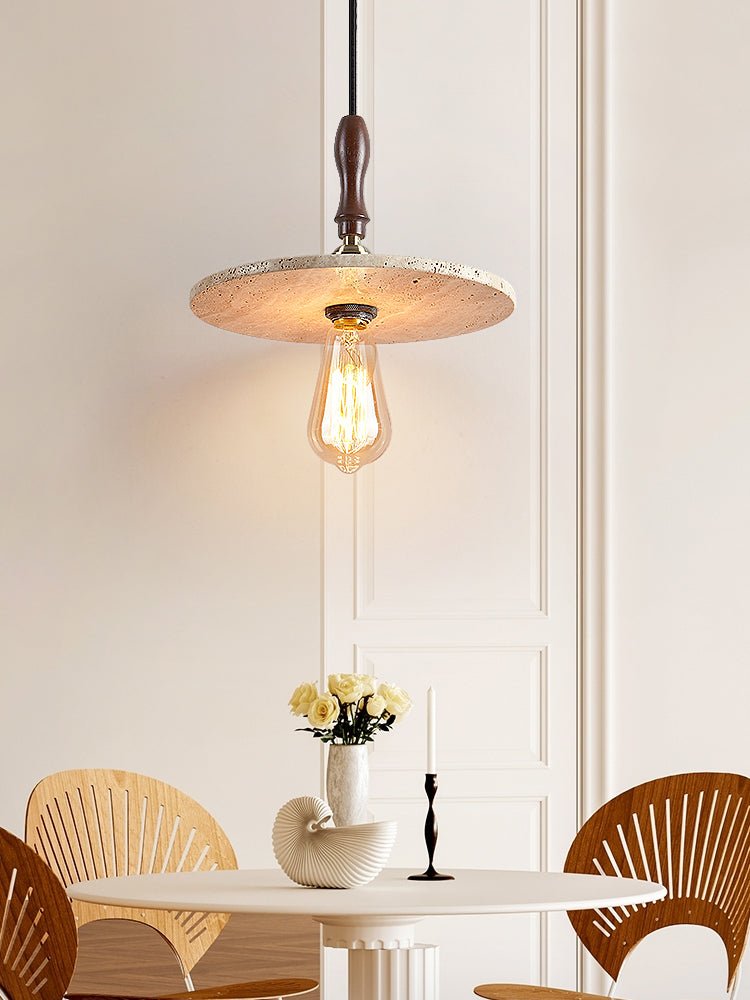 Tavor Disc Pendant Light in Natural Travertine with Walnut Accent