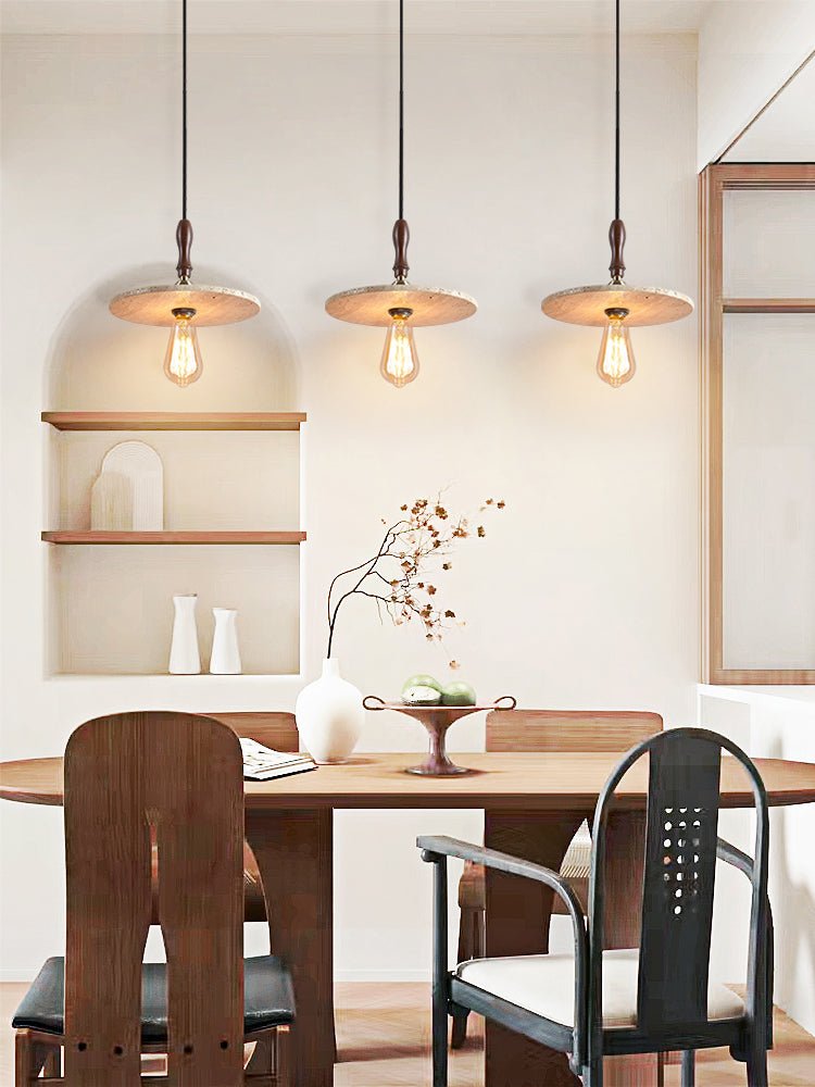 Tavor Disc Pendant Light in Natural Travertine with Walnut Accent