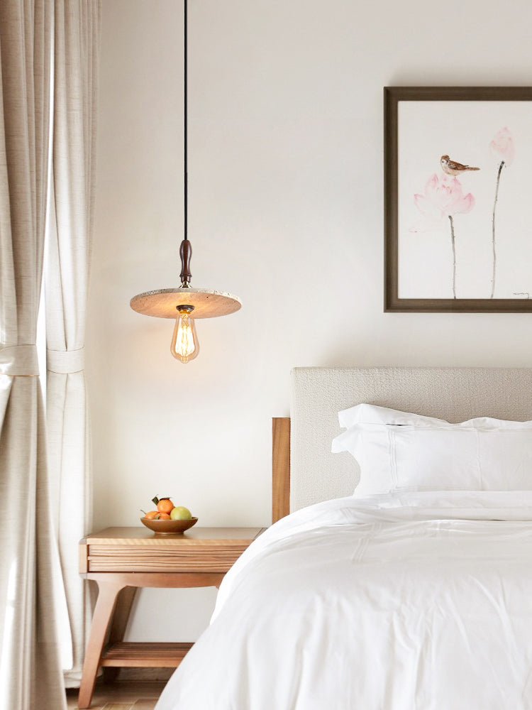 Tavor Disc Pendant Light in Natural Travertine with Walnut Accent