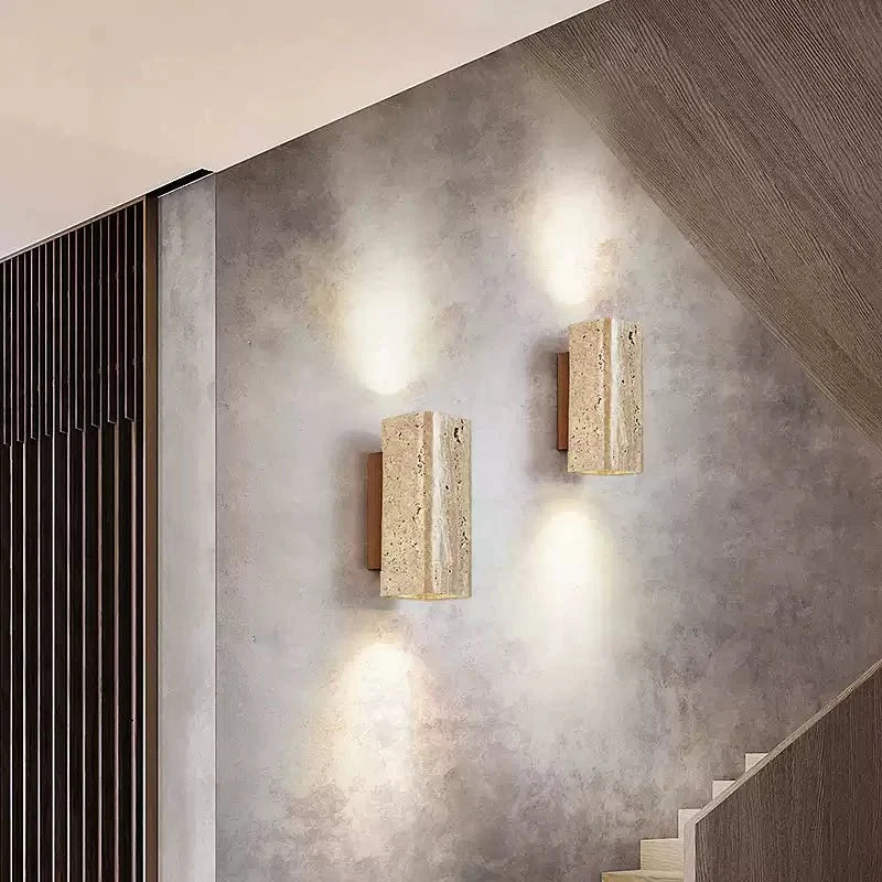Tavora Arc Wall Sconce in Yellow Travertine and Walnut Wood
