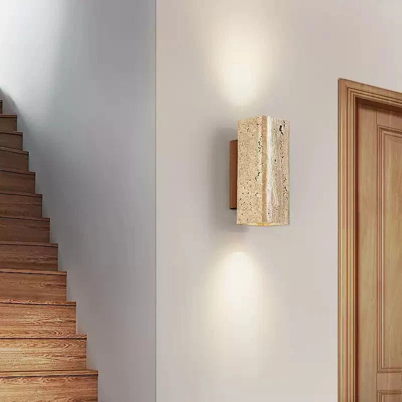 Tavora Arc Wall Sconce in Yellow Travertine and Walnut Wood
