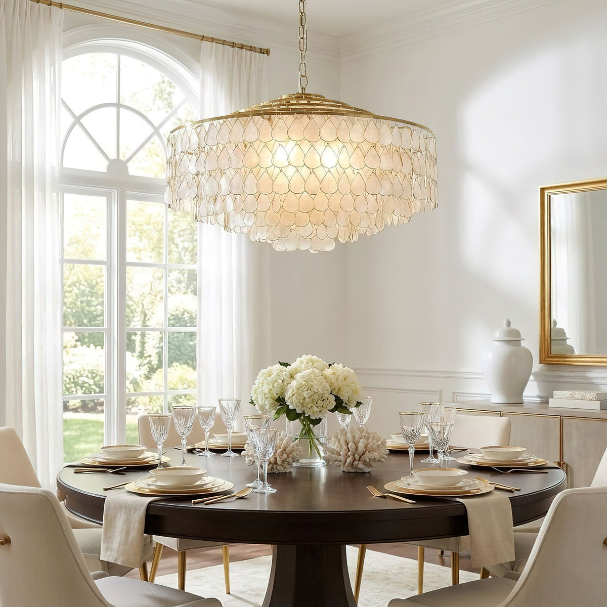 Teardrop Shell Chandelier in Gold Finish with Natural Shell Shades