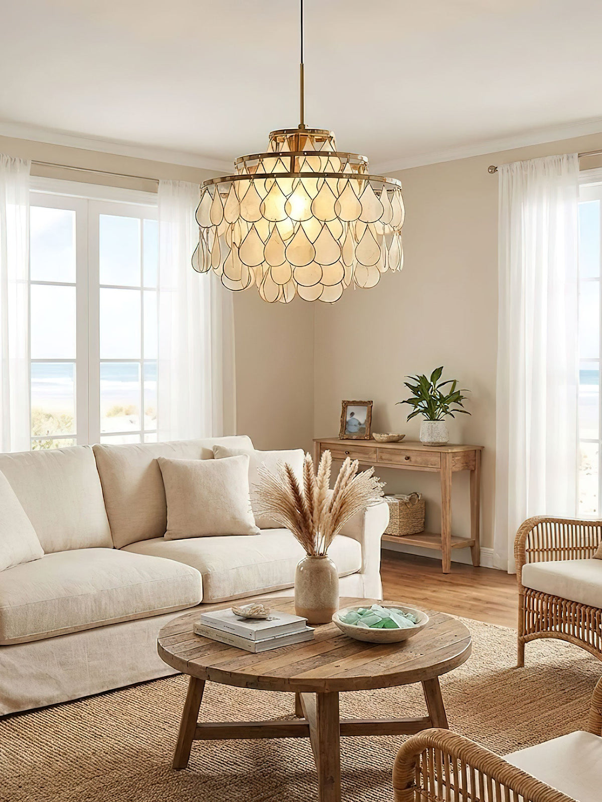 Teardrop Shell Chandelier in Gold Finish with Natural Shell Shades