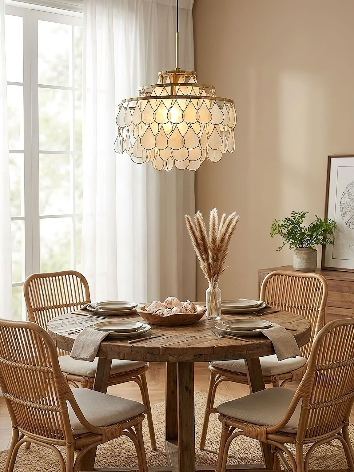 Teardrop Shell Chandelier in Gold Finish with Natural Shell Shades