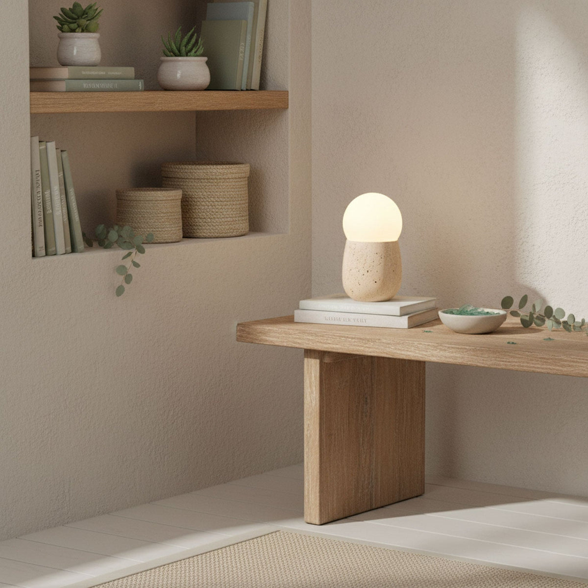 Terra Orb Travertine Table Lamp with Opal Glass Shade
