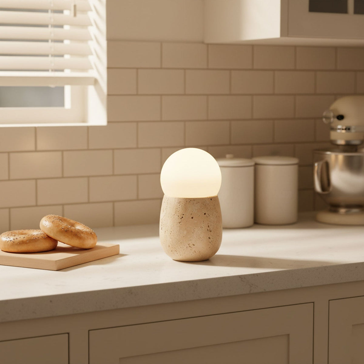 Terra Orb Travertine Table Lamp with Opal Glass Shade