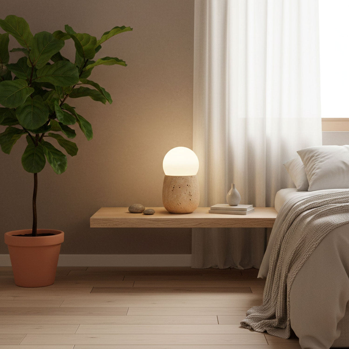 Terra Orb Travertine Table Lamp with Opal Glass Shade