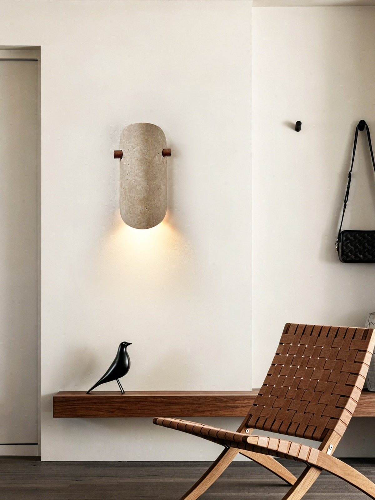 Terra Curve Wall Sconce in Yellow Travertine and Wood