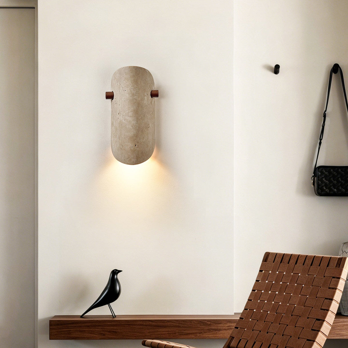Terra Curve Wall Sconce in Yellow Travertine and Wood