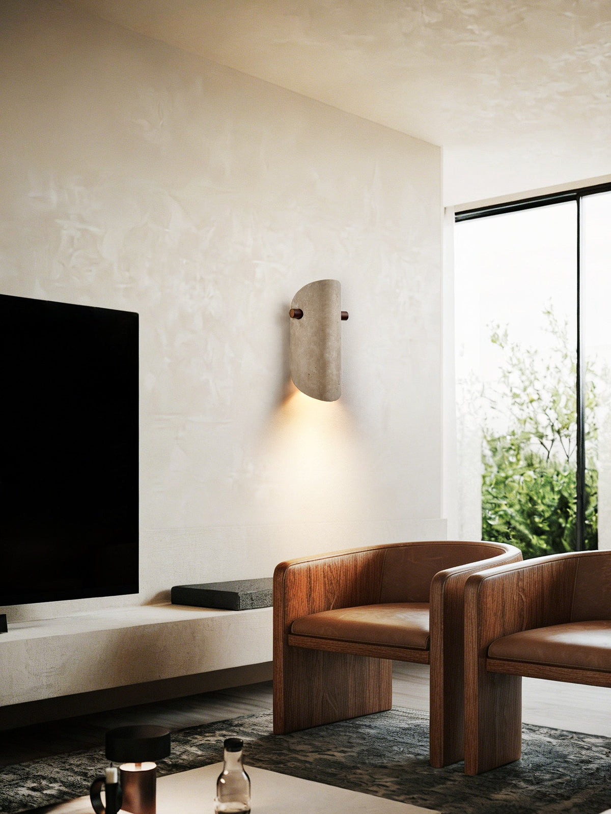 Terra Curve Wall Sconce in Yellow Travertine and Wood