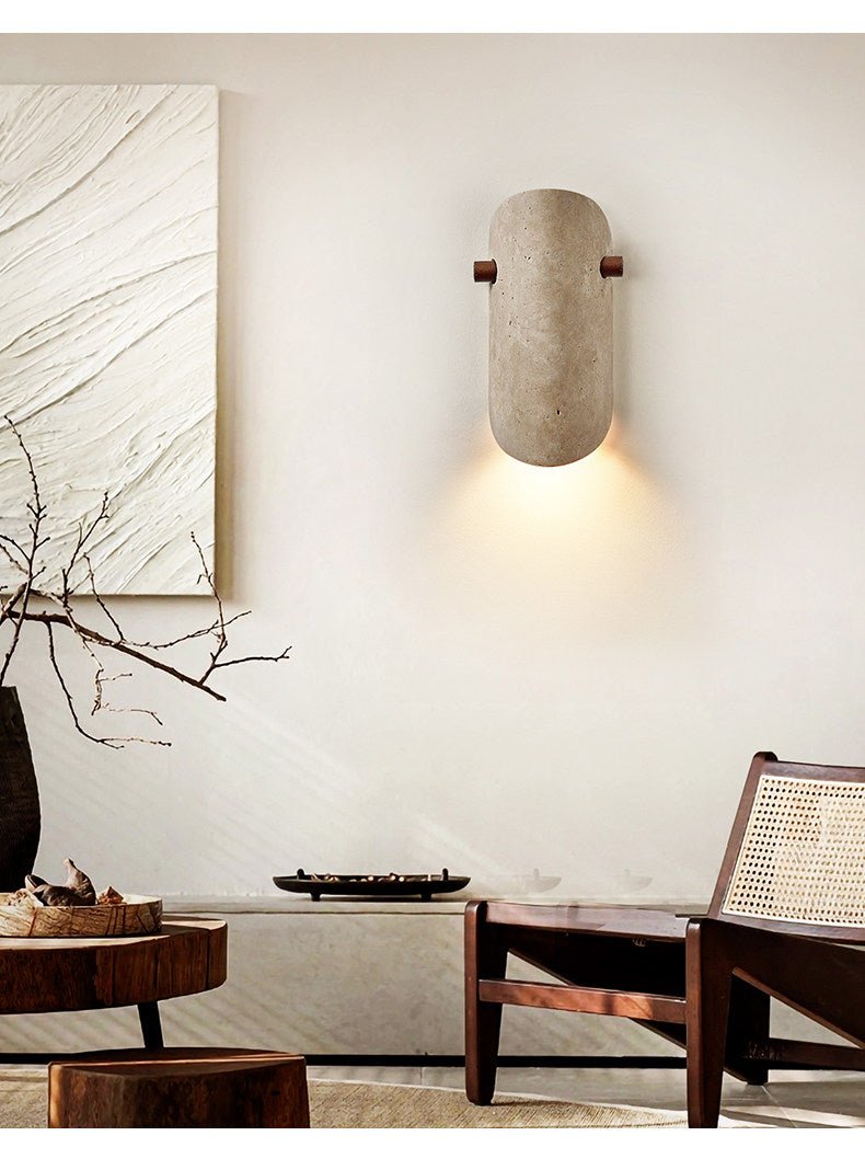 Terra Curve Wall Sconce in Yellow Travertine and Wood