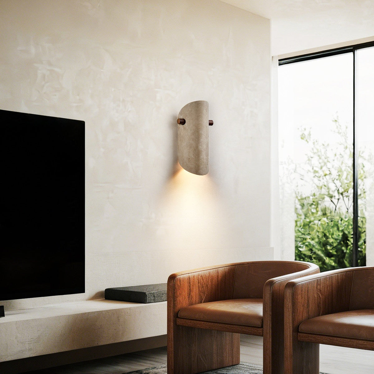 Terra Curve Wall Sconce in Yellow Travertine and Wood