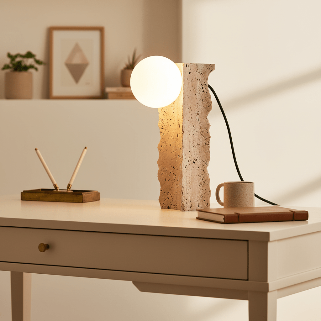 Terra Orb Sculptural Travertine Table Lamp with Opaline Glass Shade