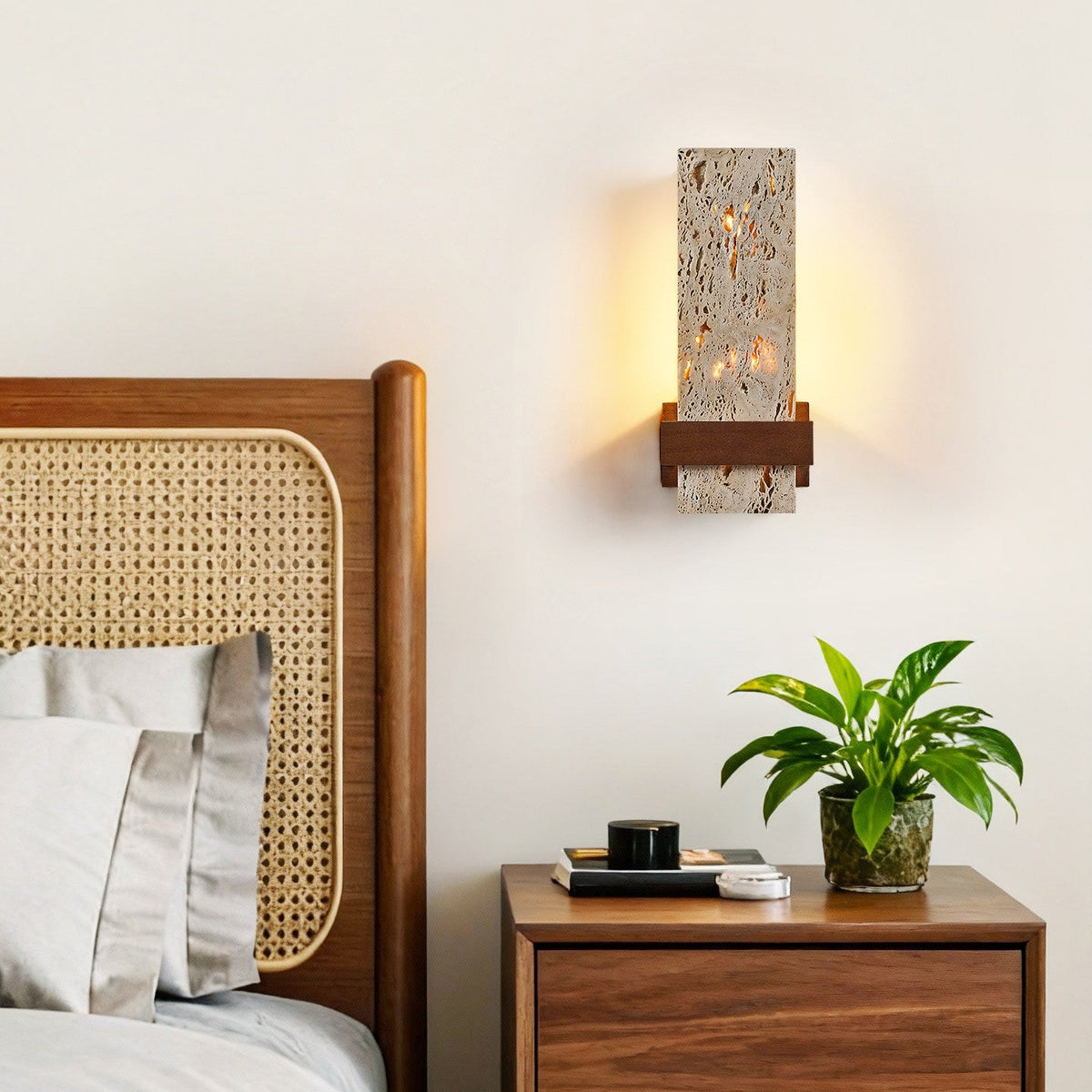 Terra Travertine Wall Sconce with Walnut Accent