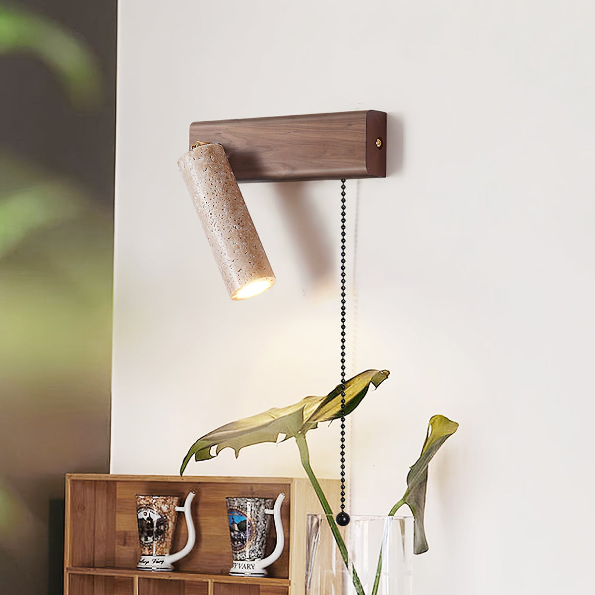 Terra Beam Wall Sconce with Travertine Shade and Wood Mount