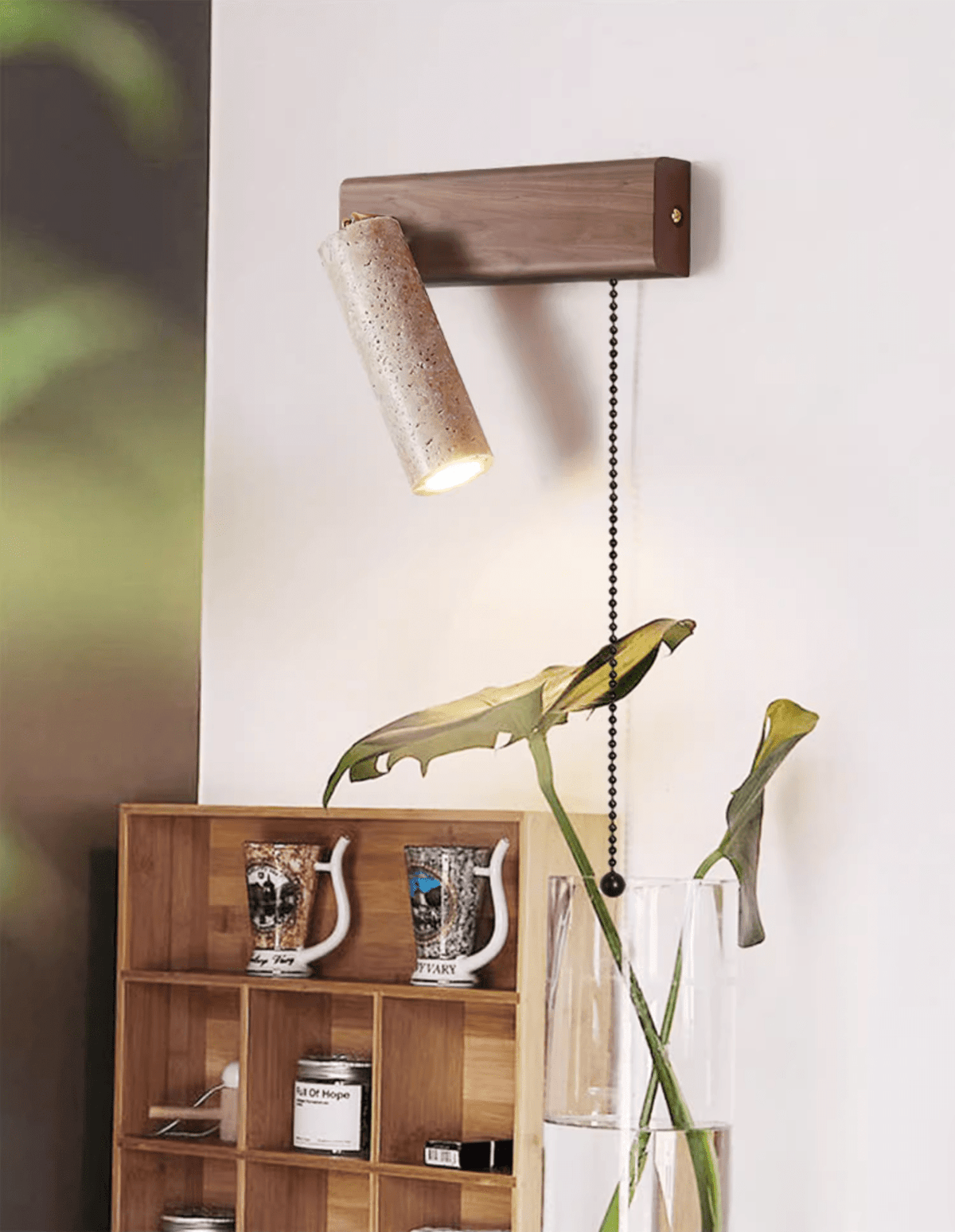 Terra Beam Wall Sconce with Travertine Shade and Wood Mount