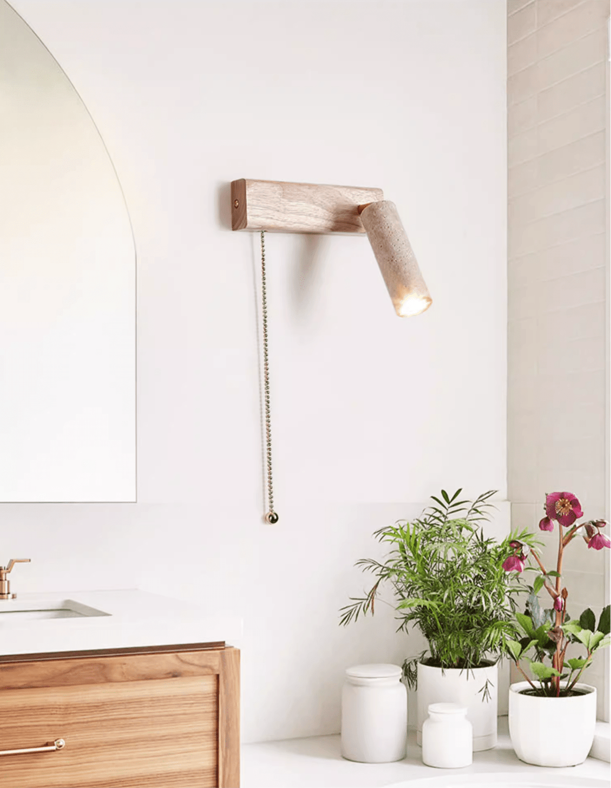 Terra Beam Wall Sconce with Travertine Shade and Wood Mount