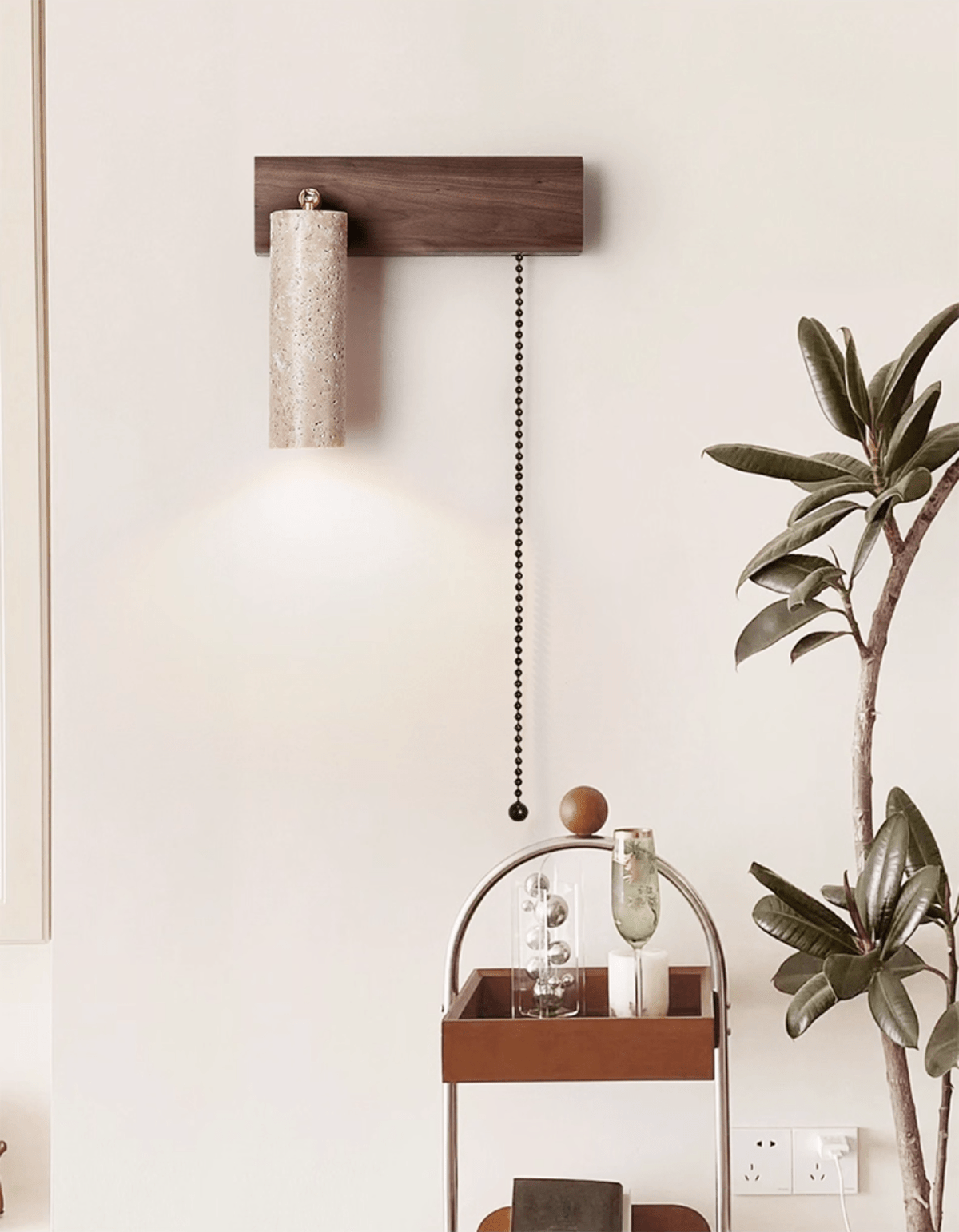 Terra Beam Wall Sconce with Travertine Shade and Wood Mount
