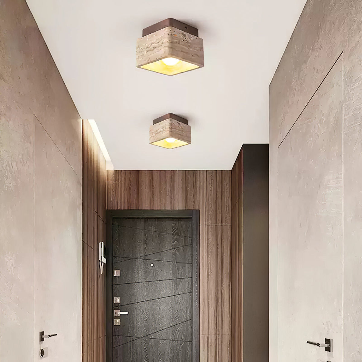 Terra Block Travertine Ceiling Light in Walnut Wood Finish