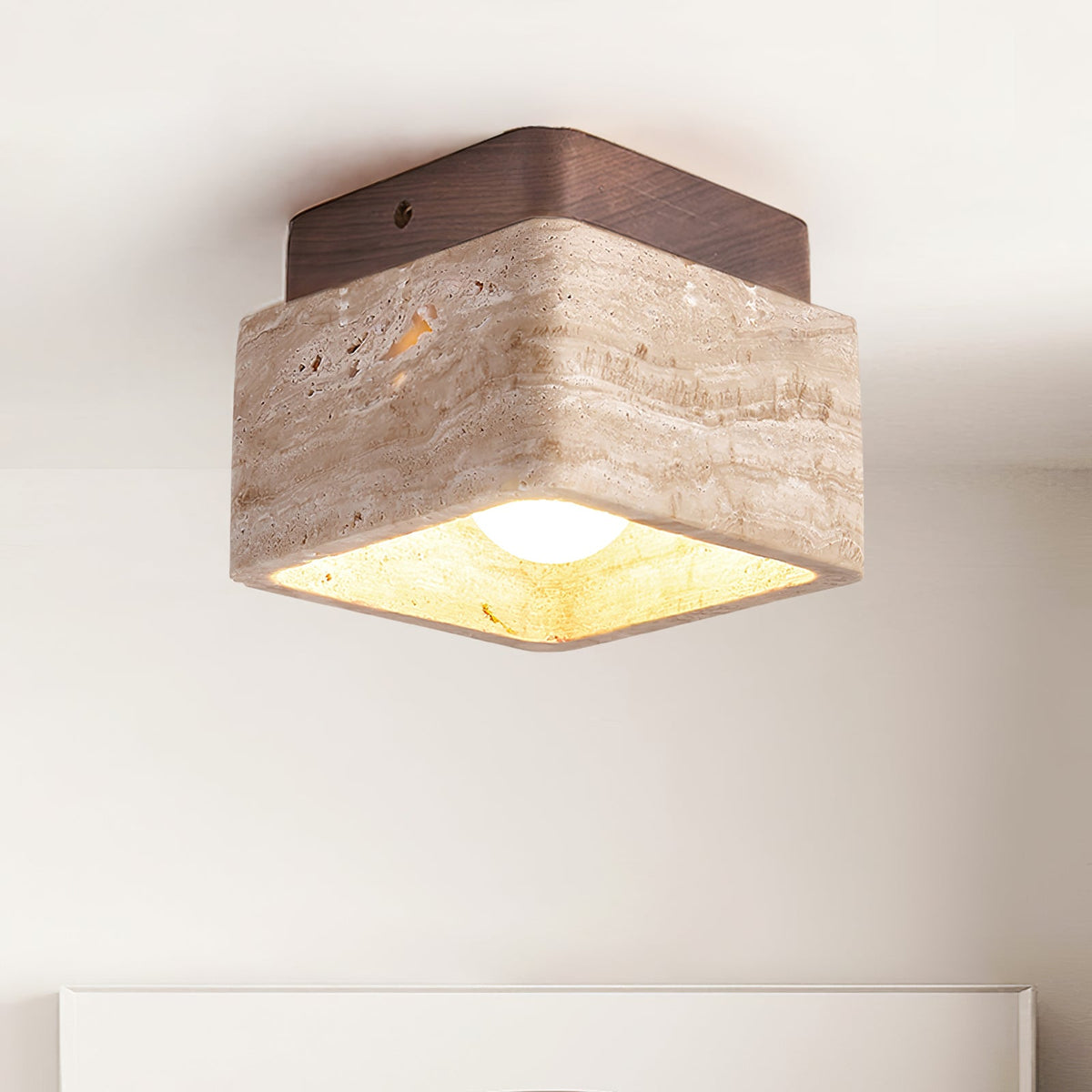 Terra Block Travertine Ceiling Light in Walnut Wood Finish