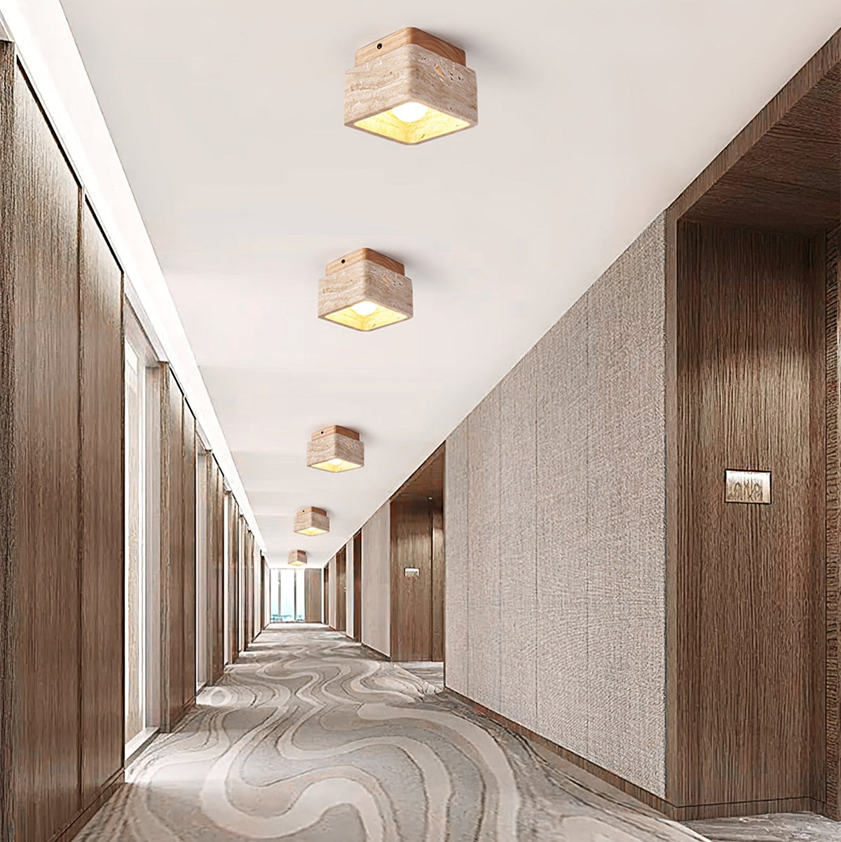 Terra Block Travertine Ceiling Light in Walnut Wood Finish