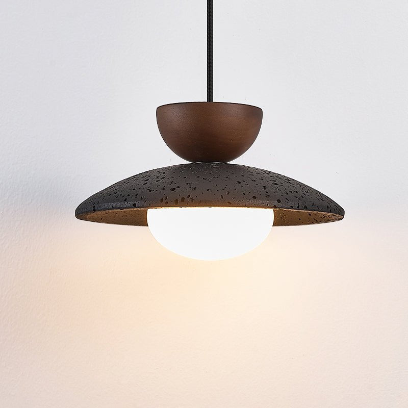 Terra Cotta Pendant Light with Travertine Disc and Opal Glass Globe
