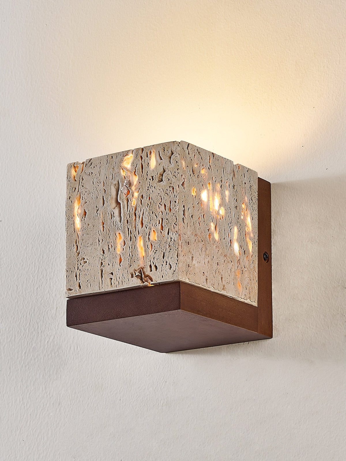 Terra Cube Wall Sconce in Yellow Travertine and Walnut
