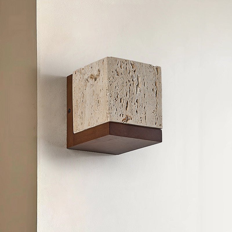 Terra Cube Wall Sconce in Yellow Travertine and Walnut