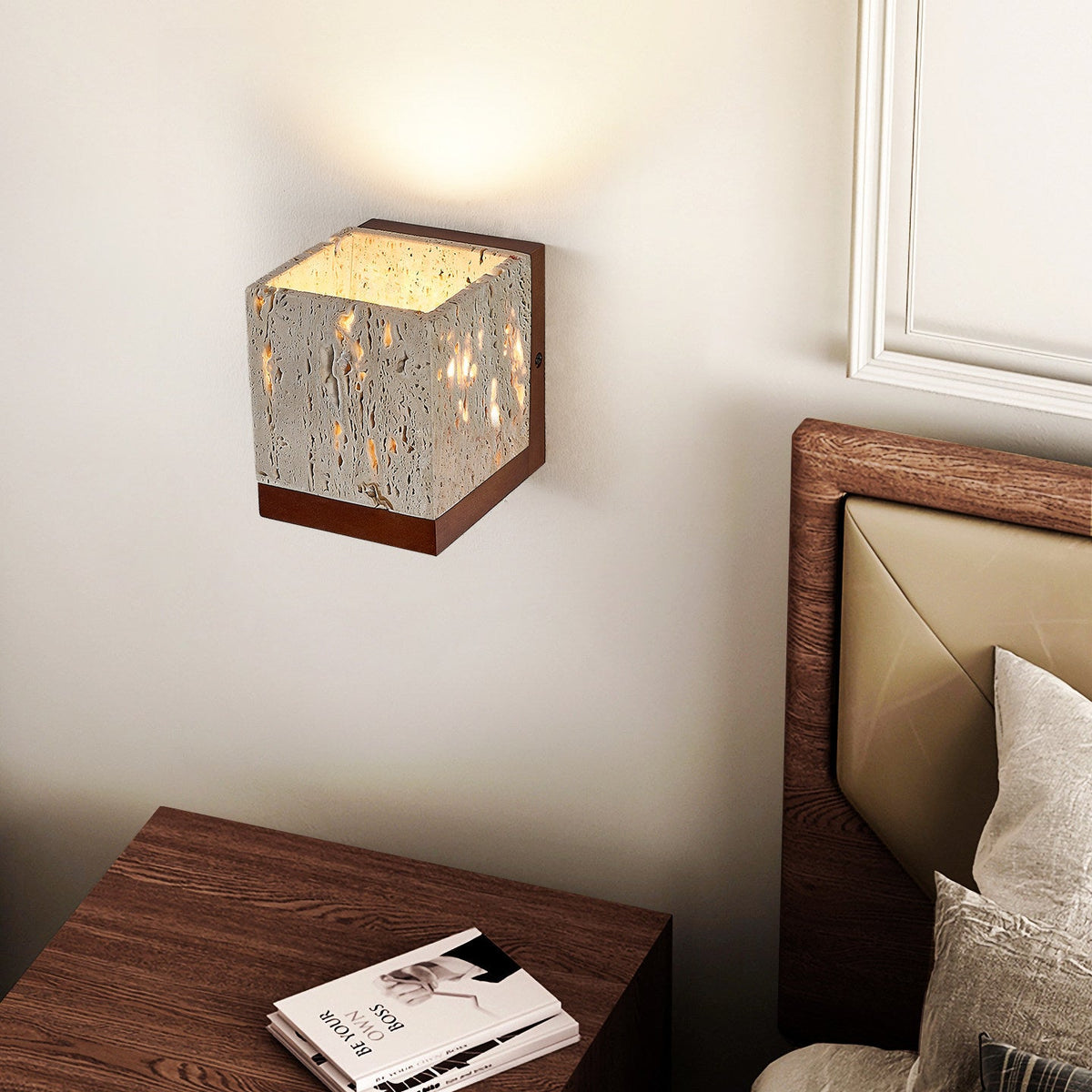 Terra Cube Wall Sconce in Yellow Travertine and Walnut