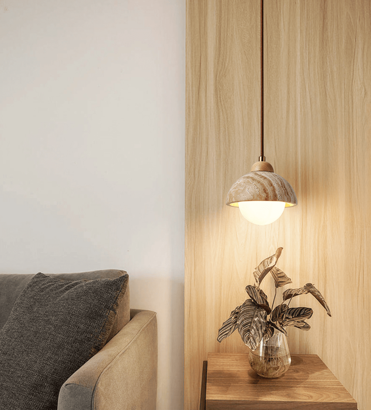 Terra Duo Pendant Light in Travertine and Wood for Modern Interiors