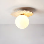 Terra Globe Ceiling Light in Hand-Chiseled Travertine with Opal Glass Shade