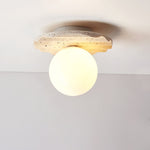 Terra Globe Ceiling Light in Hand-Chiseled Travertine with Opal Glass Shade