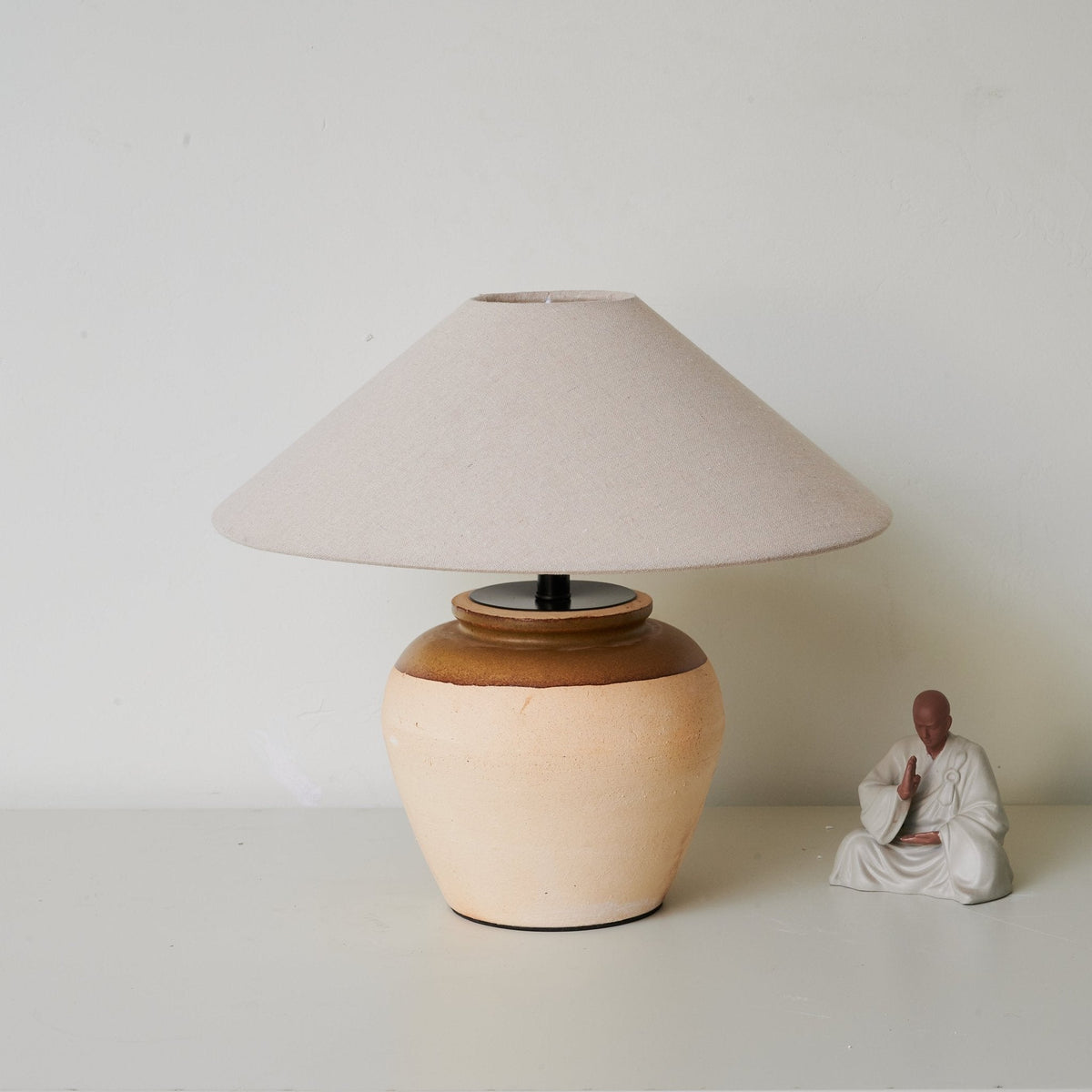 Terra Glow Ceramic Table Lamp with Linen Shade for Bedroom and Living Room