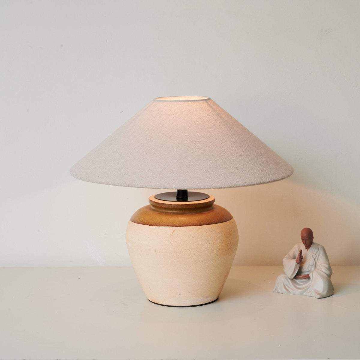 Terra Glow Ceramic Table Lamp with Linen Shade for Bedroom and Living Room