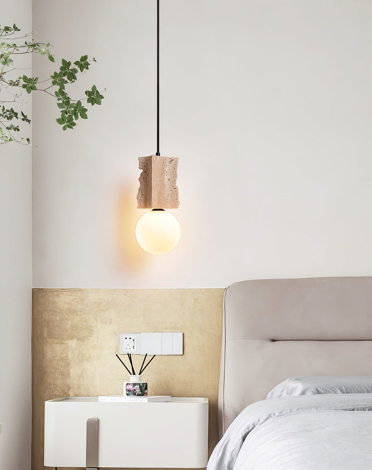 Terra Orb Pendant Light in Yellow Travertine with Opal Glass Globe