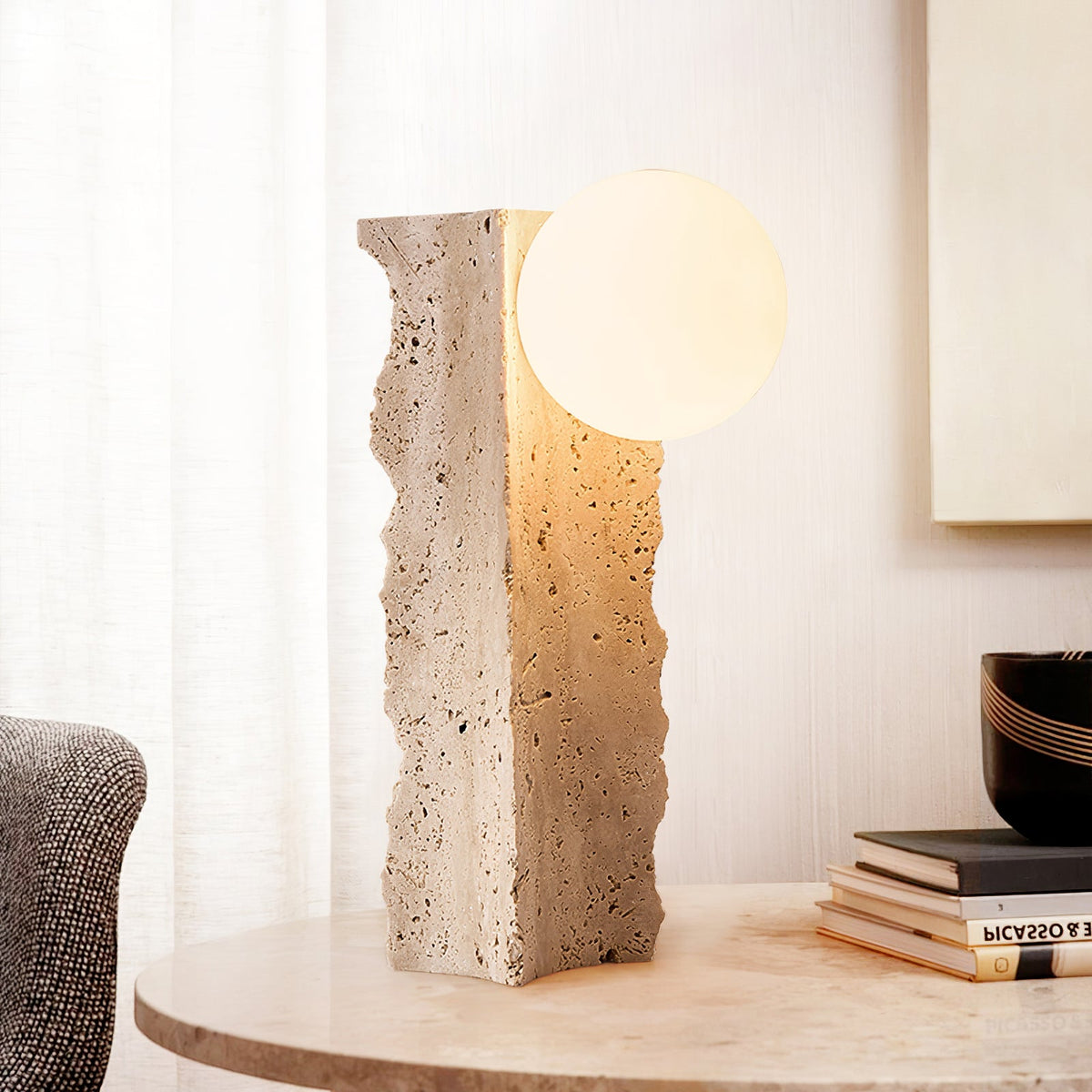 Terra Orb Sculptural Travertine Table Lamp with Opaline Glass Shade